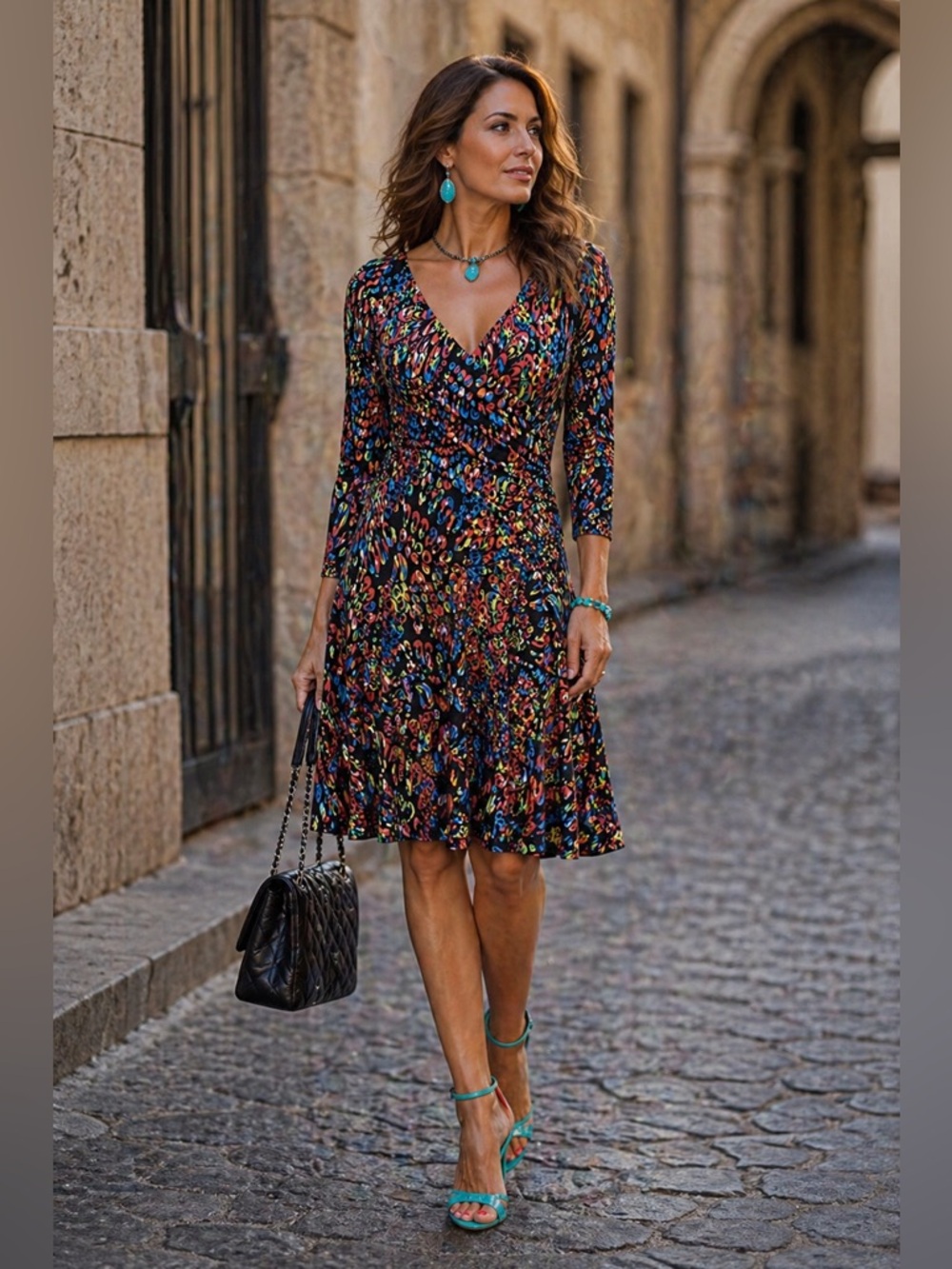 Los Angeles Multicolor V-Neck A line Women's Dress Sz M/L